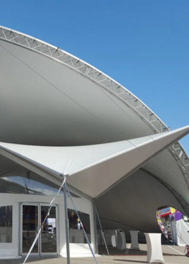 Close view of a white engineered fabric structure entrance