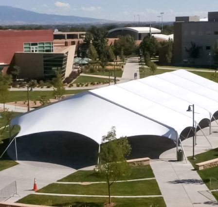 Large engineered fabric structure installed on a commercial campus